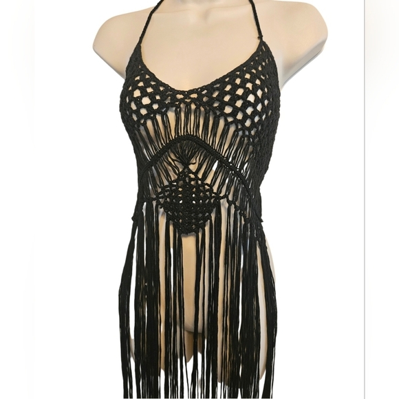 Crochet Swim Cover Up Black Open Back Fringe Boho Crop Top - Picture 3 of 16